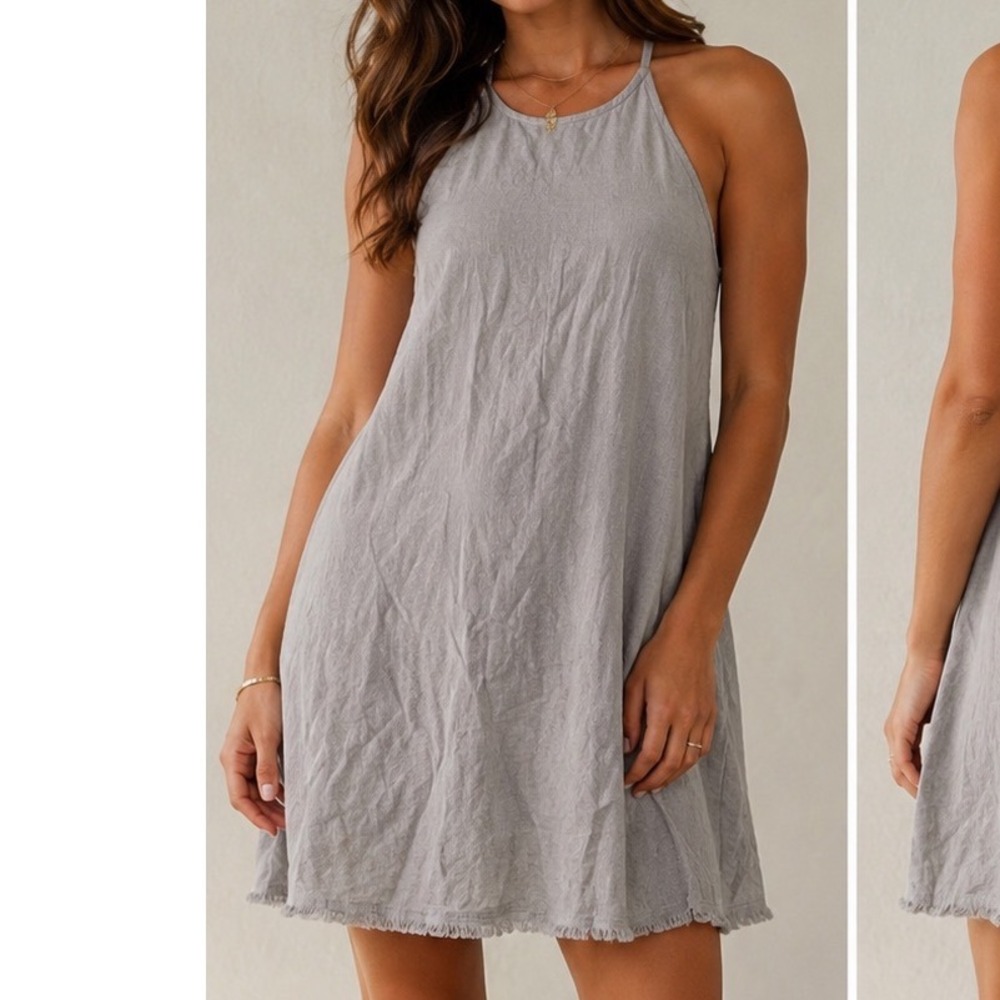 Cloth & Stone Grey Halter Mini Dress Frayed Hem Tie Back Shift Dress Small u1